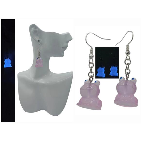 Purple Glow in the Dark Frog Earrings Resin Dangle Earrings Cute Animal Jewelry - Picture 2 of 2